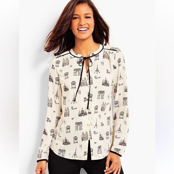 Talbots L Ivory Black Paris Eiffel Tower Print Long Sleeve Button Yoke Blouse - Picture 1 of 13
